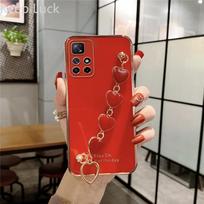 Prabangus padengtas raudonas Love Heart apyrankės telefono dėklas, skirtas Xiaomi Redmi Note 11 11S 10 10S 10A 10C 9 9A 9T 9C 8 8T riešo grandinės dangtelis Redmi Note11 raudona