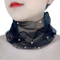 Vienspalvis kaklo apykaklė dirbtiniais perlais dekoro elastingas organza nėrinių šalikas Elegantiškas daugiafunkcis elastinis kaklo įvyniojimas juoda