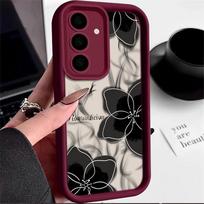 Smūgiams atsparus saldainių spalvos dėklas Samsung S25 S24 S23 Ultra Plus S22 S21 S20 Fe A55 A54 A53 A35 A34 A25 A15 5g juodas gėlių rašto silikoninis minkštas viršelis Samsung S23 Ultra vyno raudonos spalvos