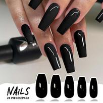 24pcs Glossy Black Ballerina Press-On Nails Set - Long Coffin Shape, Full Coverage, Solid Color with Jelly Adhesive & Nail File Included Ylw450