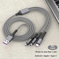 3 viename greito įkrovimo kabelis 5A pintas USB kabelis su Lightning, Type-C, Micro USB jungtimis, suderinamas su iPhone, Android telefonais, 1,2 m universalus įkrovimo laidas 1.2m pilka spalva