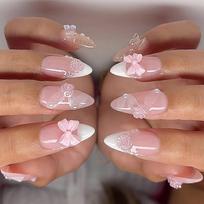 24 Pcs White French Tip Press On Nail Almond Shape Acrylic Nail Flowers Full Cover Stick on Nail 3D Bows False Nail