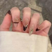 24 Pieces Medium Almond Press On Nail Full Cover False Nail Acrylic Stick Ons Nail Manicure Nail Accesories for Women 1 brown
