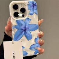Blue Lily Flower Elegant Pattern Phone Case For iPhone 17 16 Pro Max 15 14 13 12 11 16 Plus Folds Texture Shockproof Soft Cover iPhone 15 Plus
