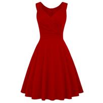 Sleeveless V Neck Fit and Flare Dress for Women Classic A Line Cocktail Dress with Pleated Bodice and Back Zipper Closure XXL raudona
