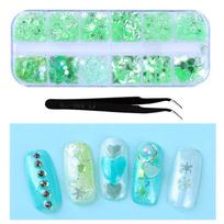 1 dėžutė saldainių spalvos nagų blizgučiai mišraus dizaino Snowflower Star Moon Sparkly Paillette Flakes nagų dailės dekoras su pincetu žalia