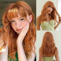 LOUIS FERRE multicolor Body Wave Synthetic Wigs With Bangs Long Copper Curly Hair Wig Colorful Cosplay Costume Heat Resistant Fiber