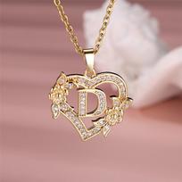 AZ pradinės raidės širdies pakabukas karoliai moterims Elegantiškas cirkonio rožinio aukso spalvos gėlių abėcėlė Širdies pakabukas grandinėlė Choker papuošalai D auksas
