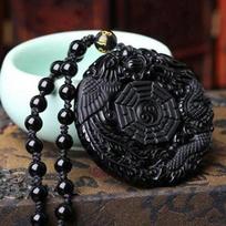 Natūralus juodas obsidianas rankomis raižytas kinų drakono fenikso paukščio amuletas bagua karoliai moterims vyrams, sėkmės talismanas amuleto pakabukas onesize