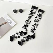 Vasarinės itin plonos permatomos nailoninės ilgos kojinės japoniškos mados gėlėtos kojinės ant kelių senovinės krištolo šilko kojinės kojinės One Size juoda