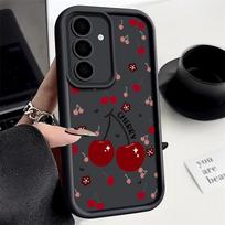 Raudonų vyšnių rašto lęšių apsaugos minkštas dėklas Samsung S25 Ultra S24 FE S23 Plus A16 A56 A36 A55 A26 A06 A15 A35 A54 smūgiams atsparus TPU matinis telefono dėklas Samsung S25 juoda