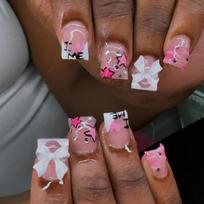 24 Pcs French Tip Press On Nail Short Square Stick On Nail 3D Bows Artificial Nail Star False Nail for Woman 1