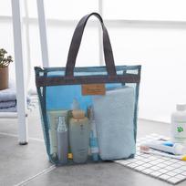 Mesh Beach Tote: Travel Storage & Toiletry Bag with Barcode Sticker 30*28*9 cm mėlyna