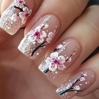 24pcs - Spring/Summer Glossy Floral Press-On Nails - Medium-Short Fake Nails - Chinese Style with Peach Blossom Pattern and Glitter Design
