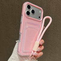Candy Color Card Slot Bag Holder Phone Case For iPhone 17 16 15 14 13 12 11Pro Max Air Wrist Strap Shockproof Cover With Lanyard iPhone 15 rožinė