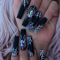 24pcs/set Long Ballet Shape Acrylic False Nails with 1 Jelly Gel and 1 Nail File, Spider and White Spider Pattern, 3D Rhinestone Press-on Nails CDJ-3-661