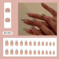 24 Pieces Fake Nail French Manicure Piece Nail Piece Silver Manicure Almond Type Almond Nail European and American Manicure Patch