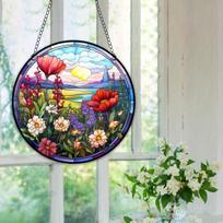 Multicolor Stained Glass Tulips Wooden Suncatcher Window Round Hanging Home Garden Decor Perfect Mother's Day Birthday Gift Wood white