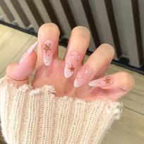 24 Pcs Press On Nail with Star Polkas Dots Designs Sweet False Nail Acrylic Nail Long Almond Full Cover Stick on Nail 1