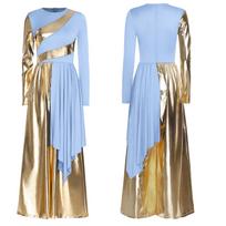 Metallic Color Block Performance Bodysuit for Women S-3XL: Elegant Draped Wide-Leg Jumpsuit for Choir & Stage Worship S šviesiai mėlyna spalva