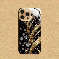 Auksinis Deimantinis Širdies Raštas Auksiniai Metaliniai Dažai Stiklinis Telefono dėklas iPhone 17 Pro Max 11 12 13 14 15 16 Plus 17 Air 16E iPhone 14 Pro black