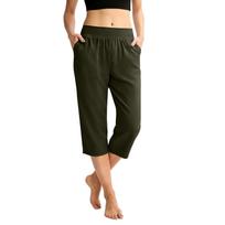 Women Elastic High Waist 3/4 Pant Casual Fit Wide Capris Leg Pants Trousers With Pockets S