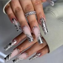 24PCS Long Square Press on False Nails Y2k Black Star Cross Chain with Rhinestone Fake Nails Nude White French Tip Acrylic Nails
