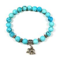 Unisex Turquoise Elephant Bracelet: Natural Sky Blue Resin Inlaid Jewelry 8MM 18.5-19CM