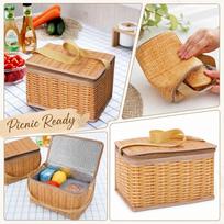 Foldable Wicker Style Picnic Basket with Zipper Closure and Carry Handle Lightweight Portable Storage Container for Outdoor Use One Size chaki