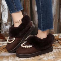 Luxury Pearl Chain Faux Fur Snow Boots Women 2025 Winter Round Toe Non Slip Thick Bottom Cotton Boots Warm Short Plush Booties 36 ruda