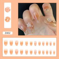 24 Pieces Diamond Wearing Armor 24 Pieces Light Change Camellia Three-dimensional Relief Pearl Camellia Fake Nails Blush Smudge Short Ballet