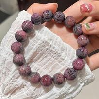 Natūrali violetinė Bodhi šaknies karoliukais papuošta apyrankė Budistų karoliukai Rožinio karoliukai raižyti laimingi papuošalai