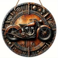 1 vnt. 2D plokščias retro motociklo apvalus medinis ženklas - 20 cm, tinka namų svetainei, barui, kavinei, sodybos prieangio dekoravimui, dovana Tėvo dienai 20cm*20cm