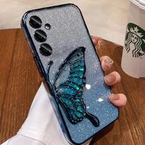 Quicksand Butterfly Glitter Case For Samsung Galaxy A55 A34 A14 A15 A35 A25 A54 S23 Plus S24 FE S25 Ultra Shockproof Cover A55 5G mėlyna