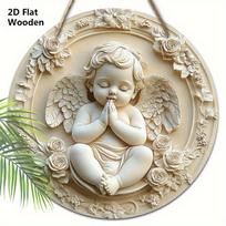 Žavingas sparnuotas angelėlis medinis ženklas - Apvalus angelo ženklas priekinėms durims, sienos pakabinamas dekoras - Ideali namų kabinama puošmena 20cm/7.87in smėlis