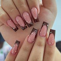 Valentine’s Day Medium Square Press On Nail with Brown French Heart Designs Stick on Nail Decoration for Women 1