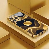 Auksuotas skystis su obuolio raštu Auksiniai metaliniai dažai Stiklinis telefono dėklas iPhone 11 12 13 14 15 16 17 Pro Max Plus 17Air 16E iPhone 14 Pro black