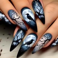 24 Pieces Long Press on Nail Goth False Nail with Crow Branch Full Moon Design Full Cover Acrylic Nail for Women 1