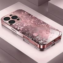 Mielas gėlių raštas, rožinis metalinis grūdintas stiklas, telefono dėklas, skirtas iPhone 11 12 13 14 15 16 17 Pro Max 15 Plus 17 Air 16E, dangtelis iPhone 14 gray