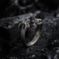 Vintage Double-Headed Dragon Ring, Adjustable Thai Silver for Men, National Style Adjustable