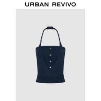 Women's Halterneck Cross Button Knit Top L safyro mėlyna spalva