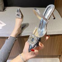 Naujo stiliaus kristaliniai ploni kulniukai klumpės moteriškos šlepetės elegantiškos smailianosės banketų vakarėlių išleistuvių moteriški batai Zapatos Mujer 34 sidabras