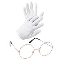 Seno vyro kostiuminiai akiniai Kalėdų senelio akiniai Apvalūs akiniai Baltos pirštinės vyrams Moterų kalėdinių puošmenų priedai Glasses&Gloves