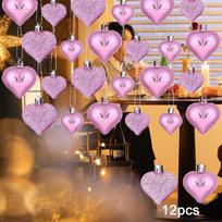 12 vnt. Valentino dienos širdies formos papuošalai, Valentino dienos kabantys papuošalai, širdies formos vestuvių vakarėliui Valentino diena One Size rožinė