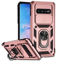 Smūgiams atsparus šarvuotas dėklas, skirtas Samsung Galaxy S10+ S10 Plus S 10 + S10Plus, su magnetiniu žiedu-stovu automobiliui, slankiojančiu kameros objektyvo apsauginiu dangteliu Galaxy S10+ rožinio aukso spalvos
