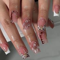 Safe Press on Nail French Design Nudes Pink Leopard Print 3D Flowers Desige Comfortable for Sensitives Skin 1