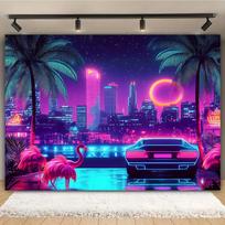 Vienas gabalas, neoninis retro Majamio 80-ųjų vasaros diskotekos tropinės temos fonas, poliesteris, tinkamas vestuvėms (as the picture,100x150cm)