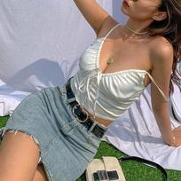 Moteriškos seksualios V formos iškirptės Kamizolis Šilkinis minkštas audinys Apkarpytos palaidinės merginoms Slim Party Club Slim Tops Moteriški Harajuku Vasaros Naujiena S balta