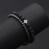2vnt vyrų apyrankių rinkinys Hematite Cross Braslet For Hombre Natural Lava Tiger Eyes Stone Apyrankė Homme Beaded Brazalete Pulseira