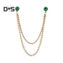 Men Suit Pin Rhinestone Decor Double Chains Anti-slip Dress-up Polished Coat Collar Pin Coat Brooch Adult Clothes Hats Bags Jewelry žalia